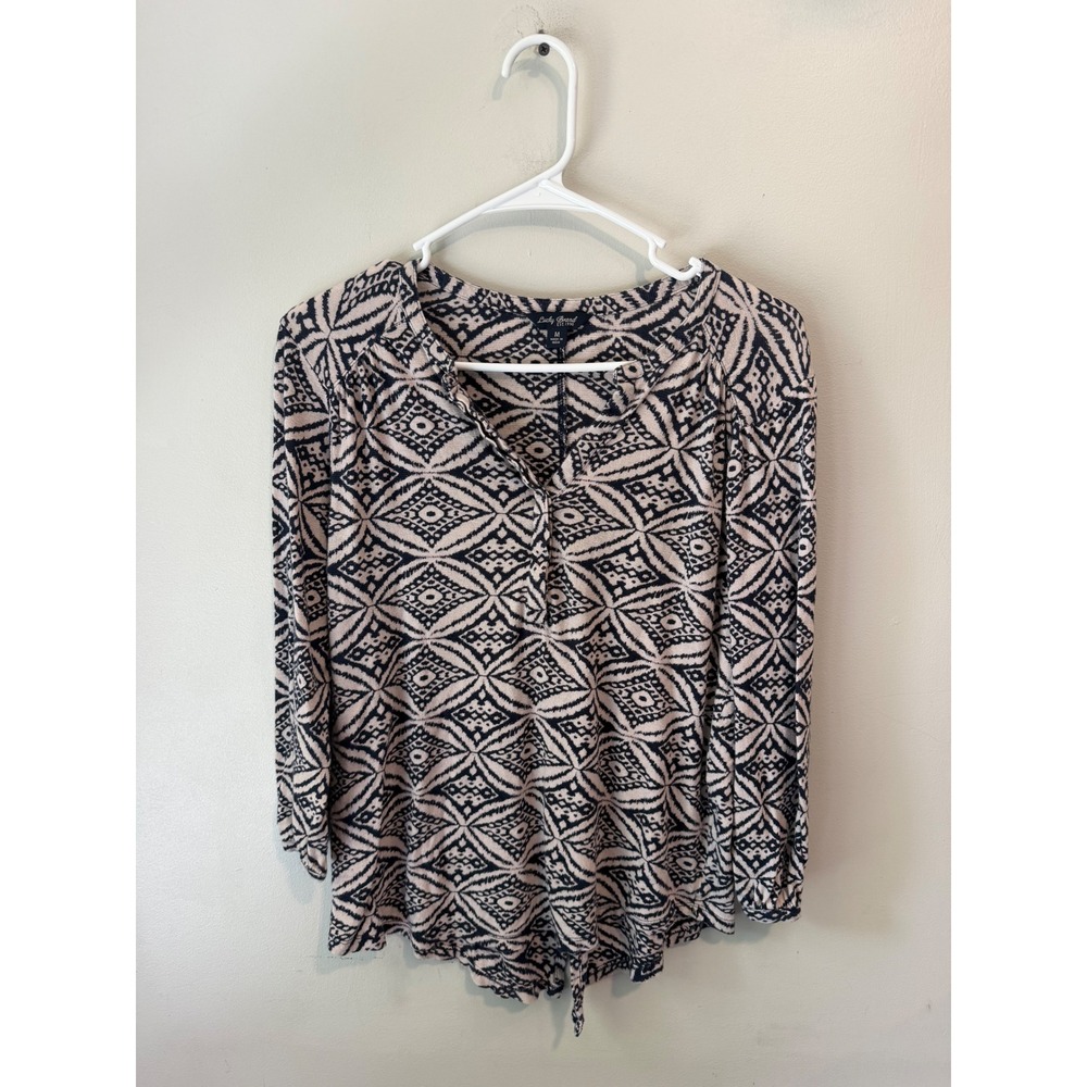 Lucky Brand Womens Blue Cream Geometric Ikat Split Back Knit Top Blouse Size M